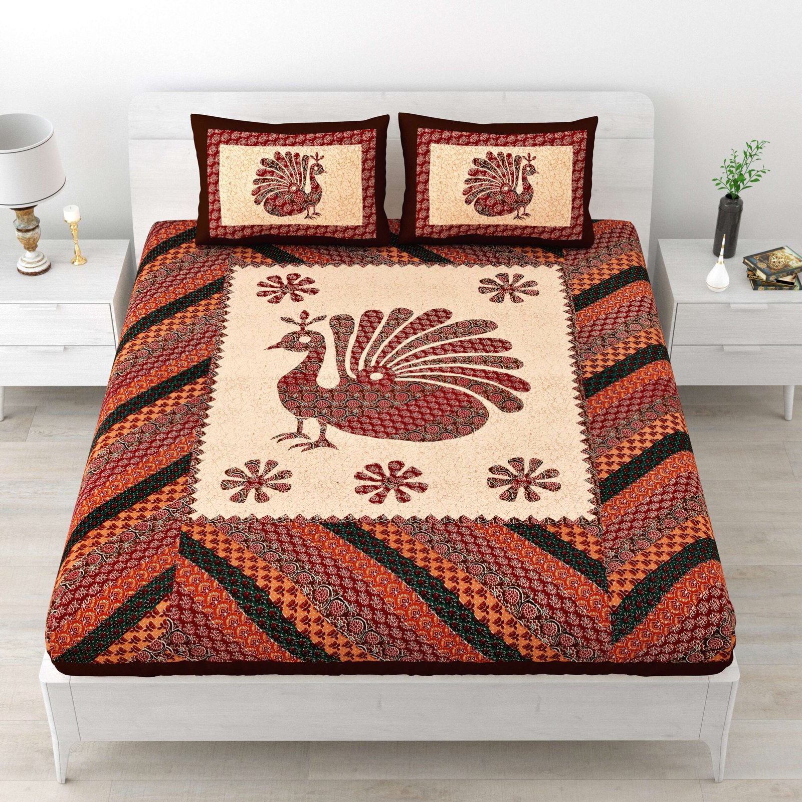 Rajasthani Traditionally Printed Cotton Doublebed Bedsheet With Pack of 2 Pillow Covers